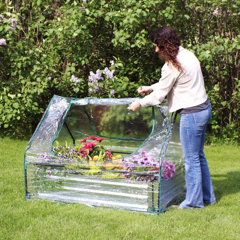 Woman opening mini greenhouse on Steel Raised Garden Bed With Mini Greenhouse Cover For Outdoor Growing, 4x3 foot size
