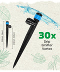 30-Piece Quick Connect Drip Emitter Set With Fan-Shaped Design, showing black stake with blue adjustable head, water spray effect