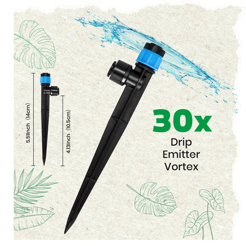30-Piece Quick Connect Drip Emitter Set With Fan-Shaped Design, showing black stake with blue adjustable head, water spray effect