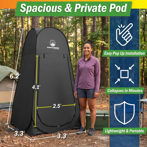 Woman standing beside a Multipurpose Privacy Pop Up Tent For Camping And Beach With Easy Open Portable Shower Stall Dressing Room.