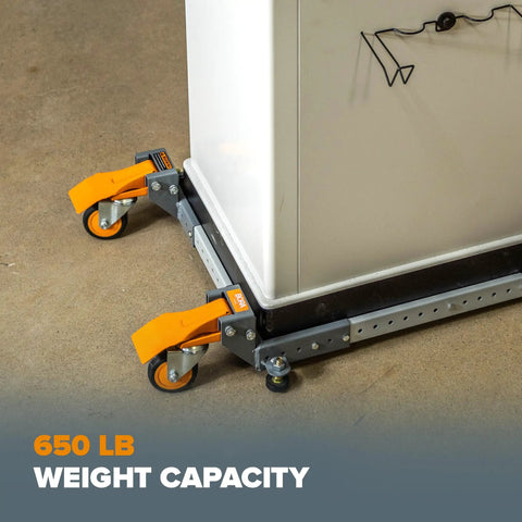 Heavy Duty All Swivel Mobile Base For 650 Lb Capacity showing corner casters under equipment