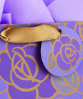 Large Purple Floral Gift Bag With Gold Foil Accents, Satin Ribbon Handles, And Purple Tissue Paper, 13 Inch Tall, Close-Up