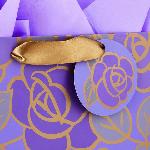 Large Purple Floral Gift Bag With Gold Foil Accents, Satin Ribbon Handles, And Purple Tissue Paper, 13 Inch Tall, Close-Up