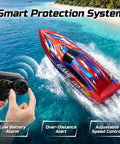Colorful remote-controlled high speed RC boat for kids and adults, 25 plus KPH, in action on water with game controller