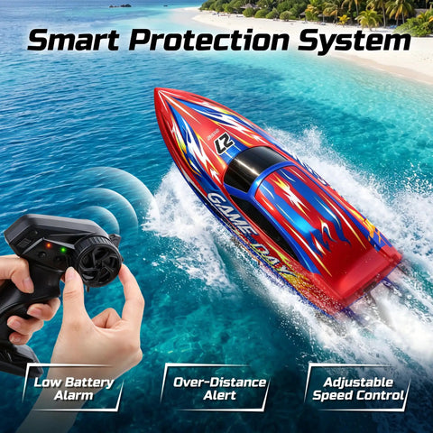 Colorful remote-controlled high speed RC boat for kids and adults, 25 plus KPH, in action on water with game controller