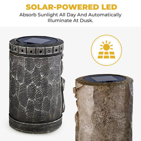 Set Of 2 Solar Tiki Torches With Flickering Flame Effect For Outdoor Patio Decor, brown and gray polyresin tiki heads