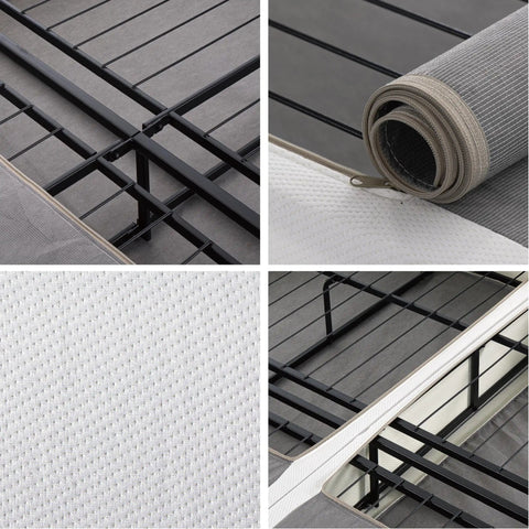 Dead Simple 9 Inch Box Spring With Built Tough Steel Core And Pristine White Cover Ultimate Mattress Foundation For Split California King Beds That Opens In A Flash showing steel core frame and fabric layers.