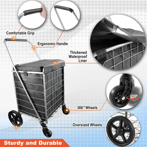 Foldable Grocery Cart On Wheels Lightweight Yet Heavy Duty Shopping Cart With Rolling Swivel Wheels Easy Fold Design For Portable Use
