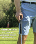 Classic Golf Putter With Two Way Or Blade Options, 35 Inch Length, close-up of premium grip held by golfer on green