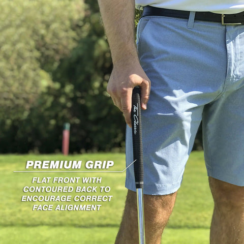 Classic Golf Putter With Two Way Or Blade Options, 35 Inch Length, close-up of premium grip held by golfer on green