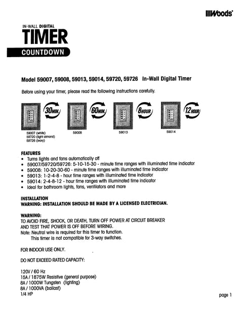 Instruction manual for 60 Minute In Wall Countdown Timer With Auto Shut Off Energy Efficient Wall Mounted Digital Timer For Lights Fans And Heaters