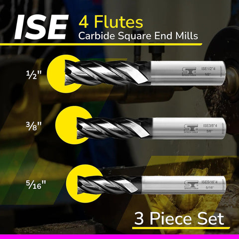 Carbide Square End Mill Set Four Flute Three Piece Set With Five Sixteenths Three Eighths And One Half Inch Sizes AlTiN Coated For Alloy Steel Hardened Steel Cast Iron And Metal