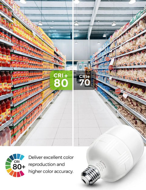 LED bulb effect on supermarket aisle lighting with CRI comparison, Ultra Bright LED Bulbs 250 300W Equivalent 3400 Lumens 5000K Daylight.