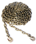 Coiled one quarter inch by twelve foot binder chain grade 70 with yellow chromate finish and grab hooks for heavy-duty use.