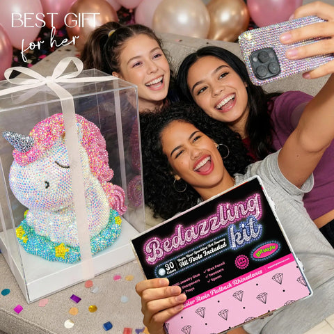 Three friends taking a selfie with 40,000 Pcs Resin Jelly Rhinestones Kit in 30 Vibrant Colors 3mm Flatback Rhinestones gift set.