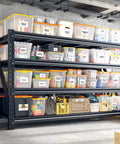Heavy Duty 68.3 Inch Wide Garage Shelving Rack For Shop Storage, 72 Inch High, 23.4 Inch Deep Shelves To Fit Large Totes And Pallets, Space Saving Industrial Steel Shelves For Tools, Boxes, And Bins holding labeled storage totes in a garage