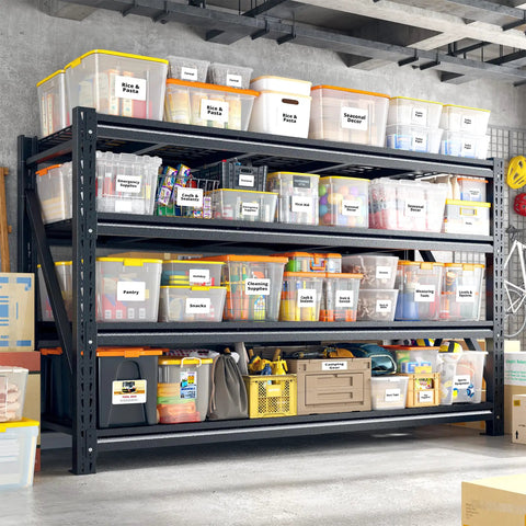 Heavy Duty 68.3 Inch Wide Garage Shelving Rack For Shop Storage, 72 Inch High, 23.4 Inch Deep Shelves To Fit Large Totes And Pallets, Space Saving Industrial Steel Shelves For Tools, Boxes, And Bins holding labeled storage totes in a garage