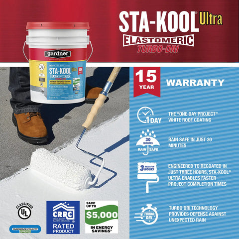 Person applying 15 Year Turbo Dri Elastomeric Roof Coating For RVs White 5 Gal Flexible Acrylic Sealant with roller