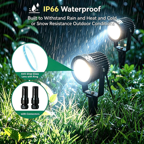 Low Voltage Landscape Spotlight Kit 12V LED Outdoor Lights in Rain with Connectors, 10W Aluminum, IP66 Waterproof for Yard and Garden