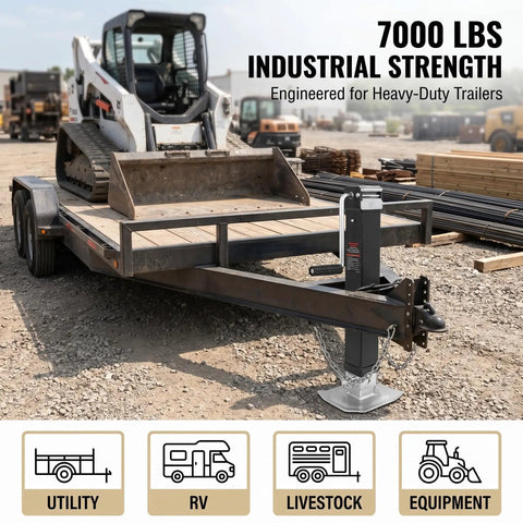 Built Like A Tank 7000Lb Square Drop Leg Trailer Jack With Weld On Pipe Mount And Side Wind Crank for Heavy Utility Livestock Haulers in use.