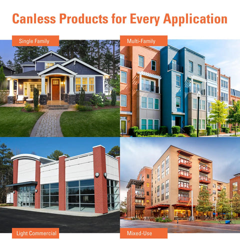 Collage of building types including single family, multi-family, light commercial, and mixed-use for canless lighting applications