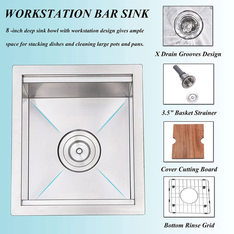 13x15 Inch Stainless Steel Bar Sink Undermount For RVs And Kitchen, Workstation Wet Bar Prep Sink With Cutting Board, Ledge Design, 16 Gauge Heavy Duty Single Bowl, Includes Accessories For Easy Setup