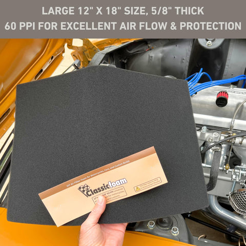Universal DIY Air Filter Foam Sheet For Motorcycles Dirt Bikes Classic Cars ATVs UTVs SXS And Small Engines held above engine