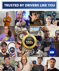 Collage of various people holding and showing a heavy duty tire inflator with gauge and long hose, highlighting 100k users.