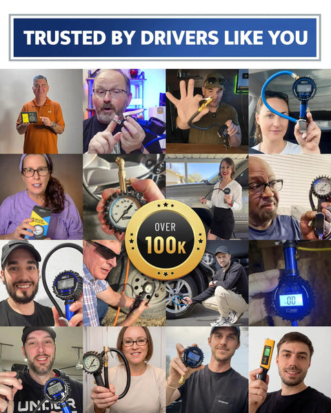 Collage of various people holding and showing a heavy duty tire inflator with gauge and long hose, highlighting 100k users.