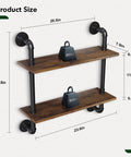 Heavy Duty Double Tier Industrial Pipe Wall Shelves With Genuine Rustic Wood, dimensions 25.5in x 20.5in x 7.9in, perfect for loft style decor.