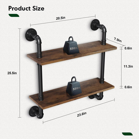 Heavy Duty Double Tier Industrial Pipe Wall Shelves With Genuine Rustic Wood, dimensions 25.5in x 20.5in x 7.9in, perfect for loft style decor.