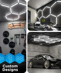 Hexagon LED Garage Lighting Kit With 24 LED Light Bars, 24,000 Lumens, 5 Hex Panels, Dimmable With Remote installed in garages