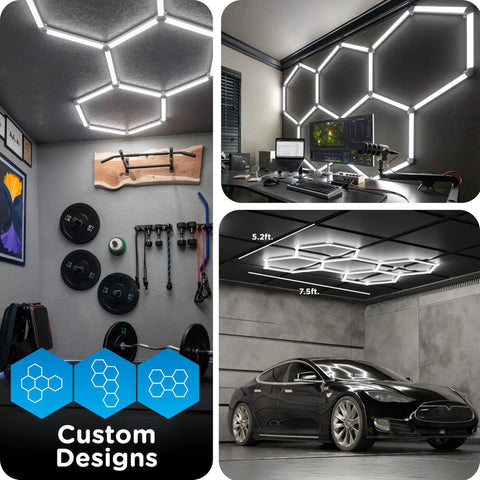 Hexagon LED Garage Lighting Kit With 24 LED Light Bars, 24,000 Lumens, 5 Hex Panels, Dimmable With Remote installed in garages