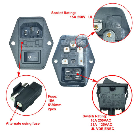 2 Pack IEC320 C14 Panel Mount Power Connector Socket 15A 250V with fuse details and switch rating