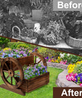 Wooden Wagon Planter Box With Wheels For Indoor And Outdoor Patio Garden Decor Ideal For Flowers Herbs Vegetables And Succulents A Charming Mobile Flower Cart To Brighten Balconies Decks And Entryways displayed on lawn with flowers.