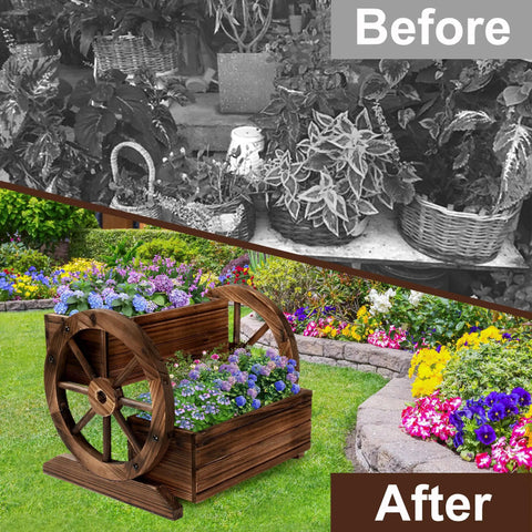 Wooden Wagon Planter Box With Wheels For Indoor And Outdoor Patio Garden Decor Ideal For Flowers Herbs Vegetables And Succulents A Charming Mobile Flower Cart To Brighten Balconies Decks And Entryways displayed on lawn with flowers.