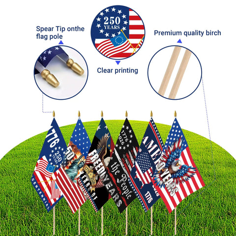 12 Pack 250th Anniversary Flags 5x8 Inches Handheld Polyester Double Sided With Wooden Poles, displayed in grass