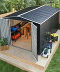 8 By 12 Ft Outdoor Metal Storage Shed With Updated Frame Structure, weatherproof tool shed with open doors on wooden deck