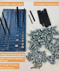 Stainless Steel Tap And Drill Gauge For Imperial And Metric with drill bits, bolts, nuts, blue PVD plate, accuracy 0.0008 inches.