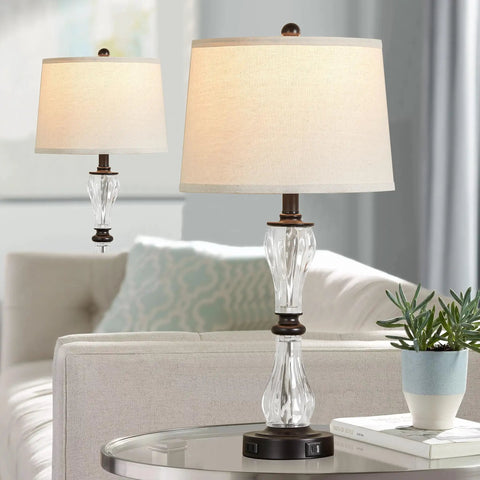 Three Way Dimmable Touch Control Glass Table Lamps Set Of Two With USB Ports And AC Outlet, 26 Inch Bedside Lamps in living room