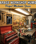 Vintage Badass Mechanic Hourly Rate Metal Wall Sign, Funny Garage Decor For Man Cave Or Shop, Sick Gift For Dad Husband Gearhead Mechanic Car Dude, Classic Tin Plaque 12X8 Inches displayed in a busy workshop.
