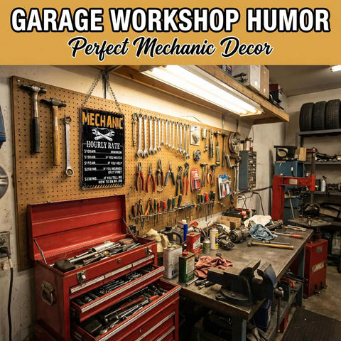 Vintage Badass Mechanic Hourly Rate Metal Wall Sign, Funny Garage Decor For Man Cave Or Shop, Sick Gift For Dad Husband Gearhead Mechanic Car Dude, Classic Tin Plaque 12X8 Inches displayed in a busy workshop.