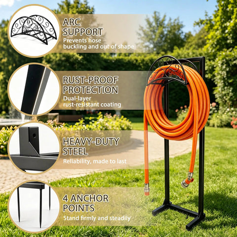 Heavy Duty Stainless Steel Garden Hose Reel With Triangle Reinforcement Brace Built Tough For Outdoor Use Supports Up To 150 Foot Hose Black Weather Resistant with hose coiled