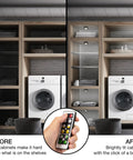Under Cabinet Lighting Kit With 6 Wireless Remote Dimmable LED Puck Lights In Black Easy Install Auto Off Timer 3000K Warm White Battery Powered Low Profile Design Energy Saving illuminating shelves in before and after comparison