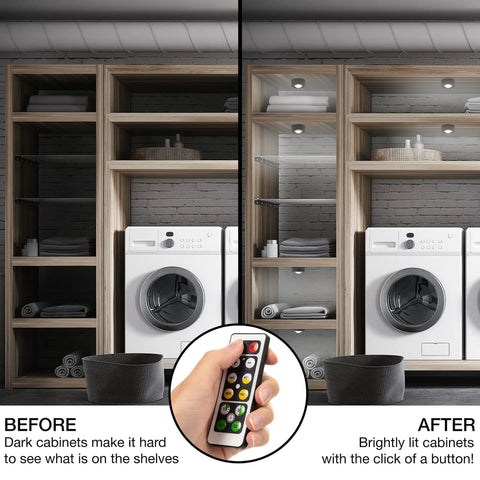 Under Cabinet Lighting Kit With 6 Wireless Remote Dimmable LED Puck Lights In Black Easy Install Auto Off Timer 3000K Warm White Battery Powered Low Profile Design Energy Saving illuminating shelves in before and after comparison