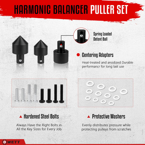 Harmonic Balancer Puller Set with adapters, bolts, washers, featuring heat-treated steel components for automotive use.