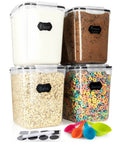 Big Five Point Three Liter Airtight Food Storage Canisters Four Pack With Measuring Scoops Chalkboard Marker And Labels, filled with staples