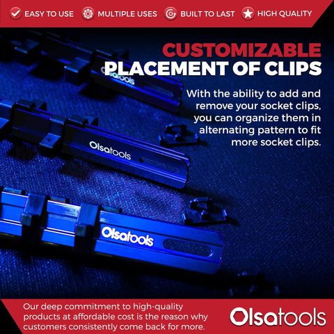 Aluminum Socket Organizer Set With Locking End Caps For One Quarter Inch Drive Sockets, Three Eighths Inch Drive Sockets, And One Half Inch Drive Sockets, 58 Socket Capacity Across 24 18 16 Clips, Professional Quality Socket Holder In Blue, close-up of customizable blue socket clips arranged.