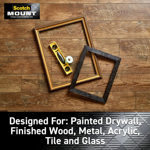 Four 1 Inch Permanent Mounting Squares on wood surface with frames and level, designed for painted drywall, metal, tile, and more.