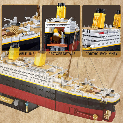 Beefy 30 Inch Ship Building Set With 2400 Plus Pieces Shipwreck Model Kit For Adults Ages 14 And Up Detailed Replica STEM Engineering Project Compatible With Major Brick Systems, Titanic-style ship deck and chimneys